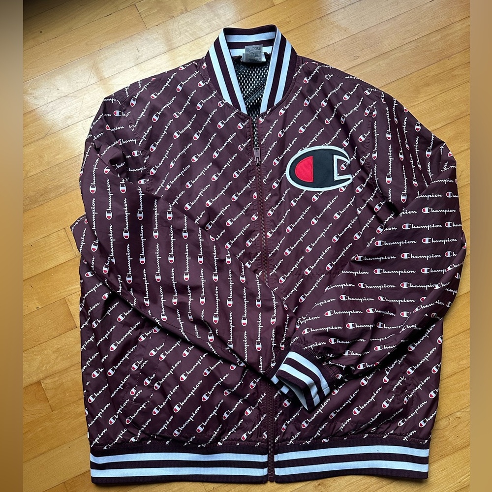 Champion Life All Over Print Maroon Satin Baseball Jacket Mens Size XL

Like new